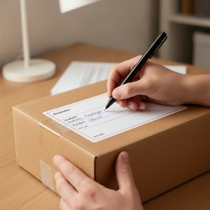 Person will Paket richtig beschriften